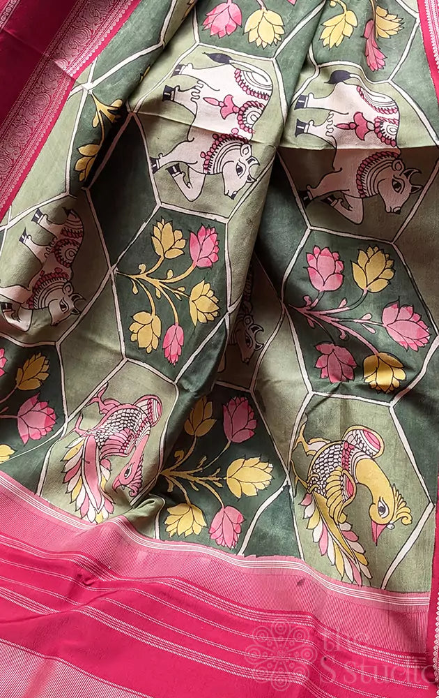 Shades of green pen kalamkari saree with threadwork maroon border