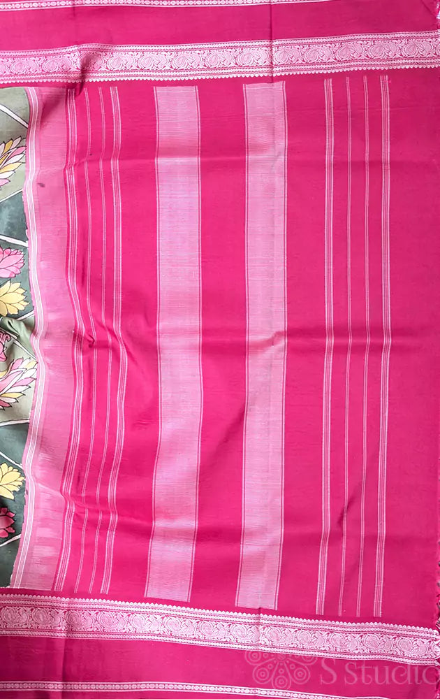 Shades of green pen kalamkari saree with threadwork maroon border