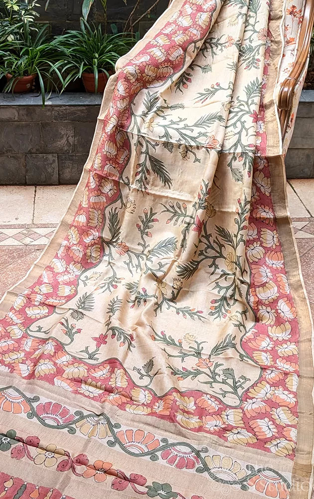 Off white hand painted kalamkari tussar silk saree