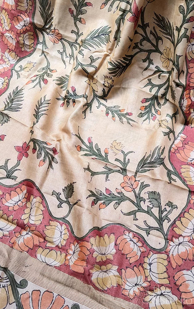 Off white hand painted kalamkari tussar silk saree