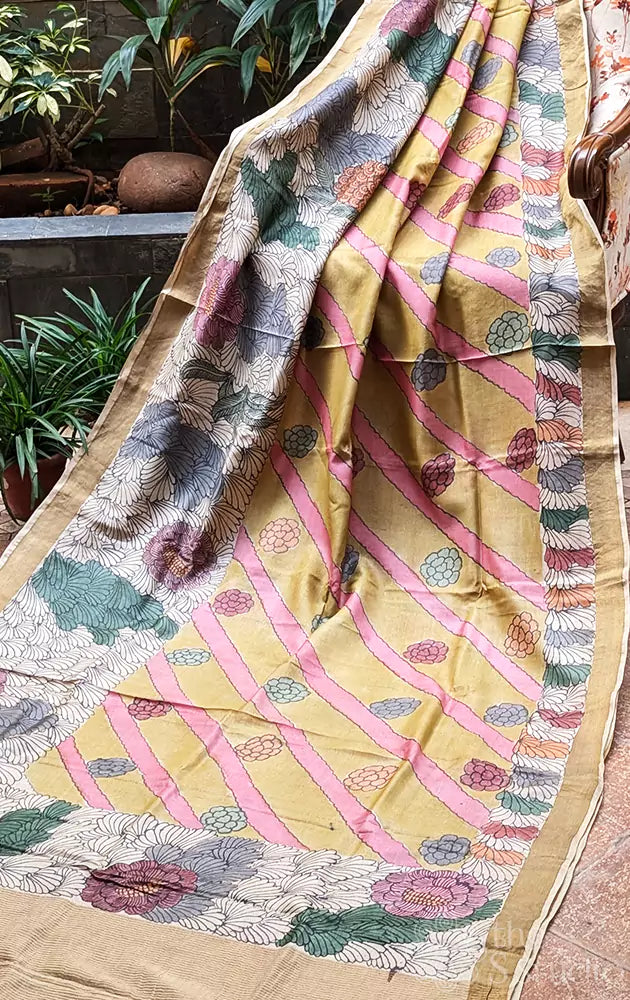 Yellow and pink hand painted kalamkari tussar silk saree