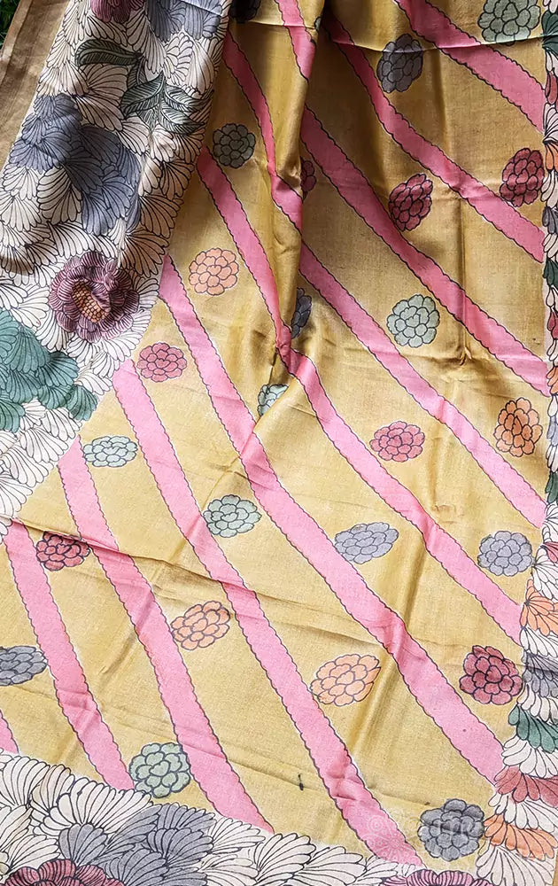 Yellow and pink hand painted kalamkari tussar silk saree