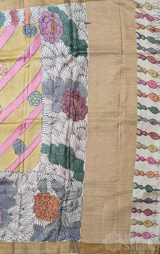 Yellow and pink hand painted kalamkari tussar silk saree