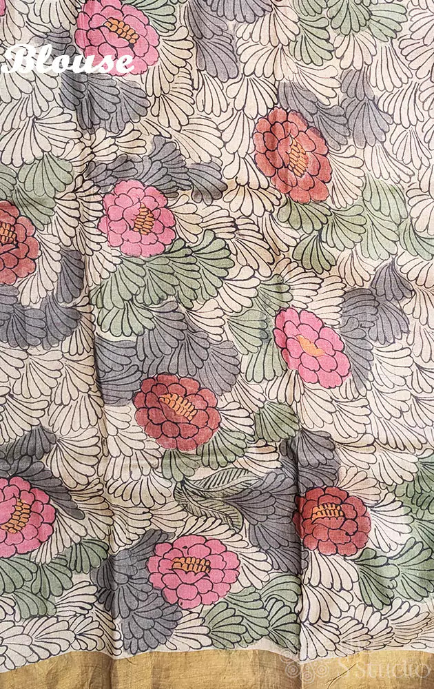 Yellow and pink hand painted kalamkari tussar silk saree