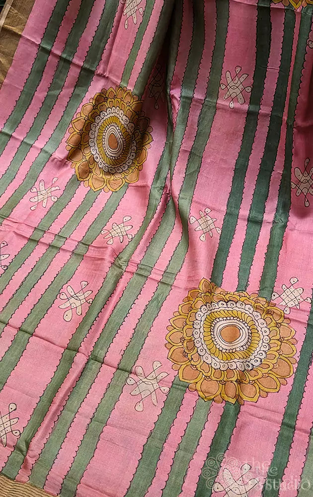 Pink and green hand painted kalamkari tussar silk saree