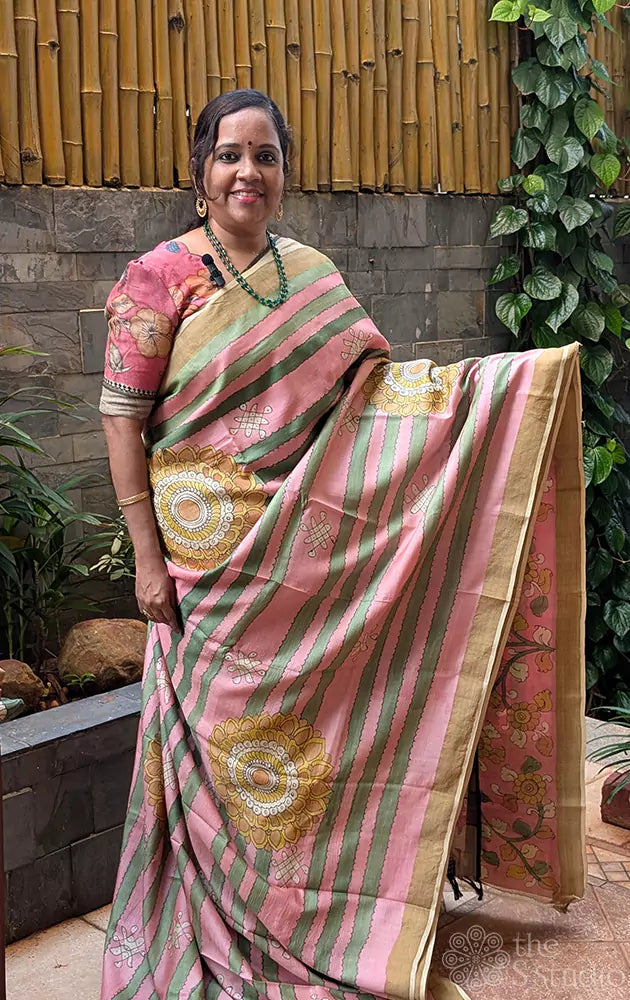 Pink and green hand painted kalamkari tussar silk saree
