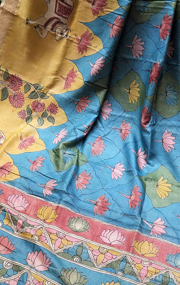 Blue tussar silk pen kalamkari saree in pichwai style