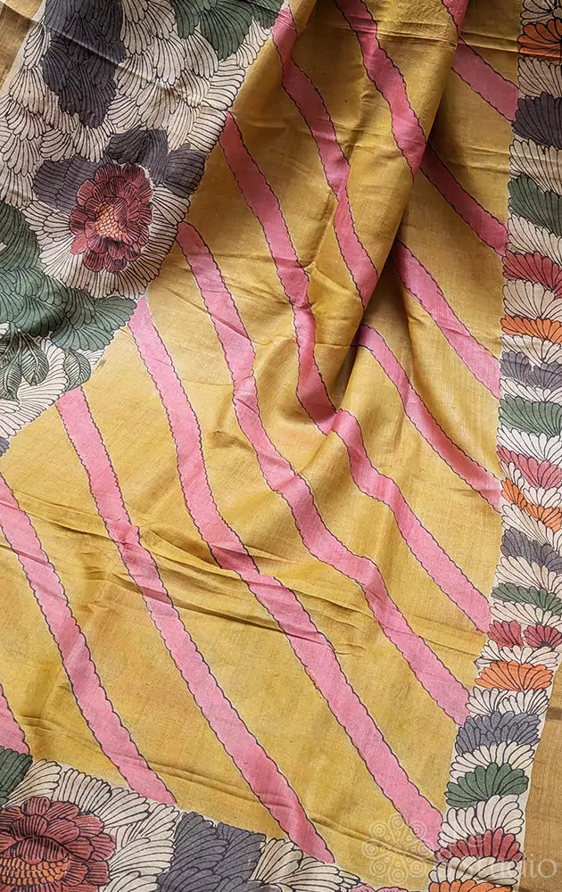 Yellow and pink pen kalamkari tussar silk saree