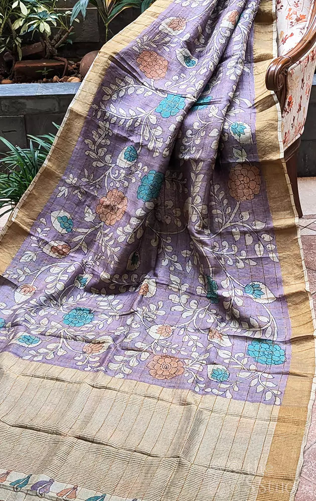Lavender zari checked hand painted kalamkari tussar silk saree with floral motifs