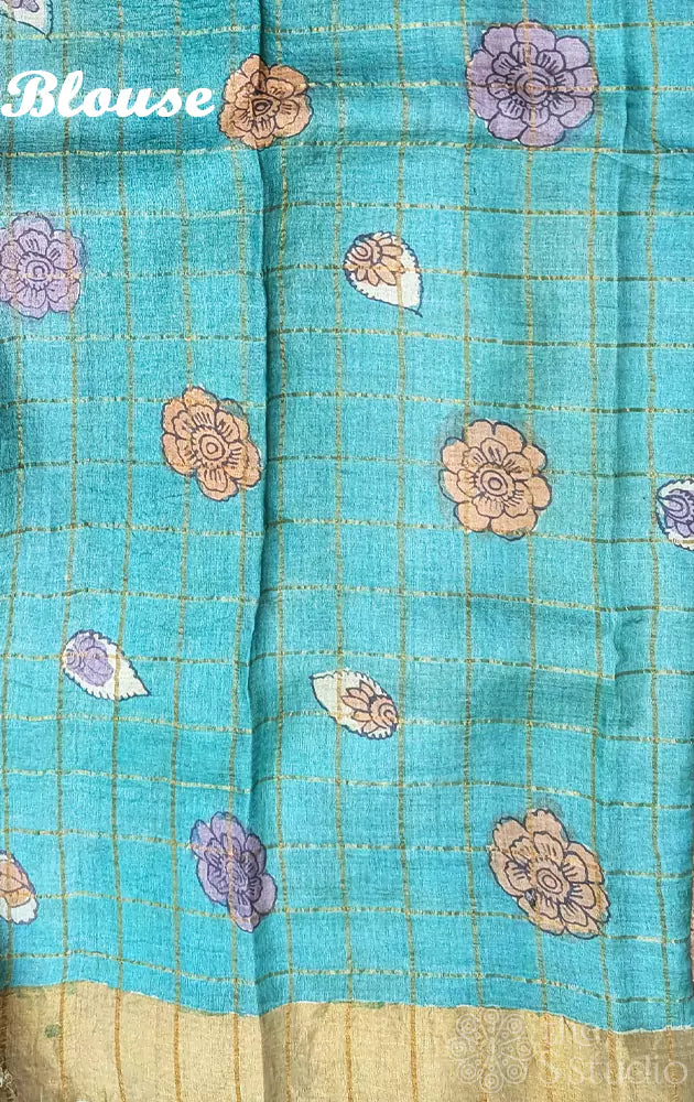 Lavender zari checked hand painted kalamkari tussar silk saree with floral motifs
