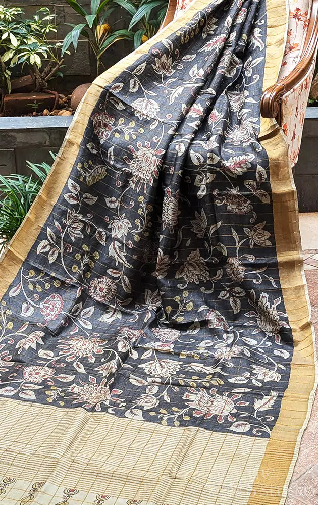 Black zari checked hand painted tussar silk saree in reverse style