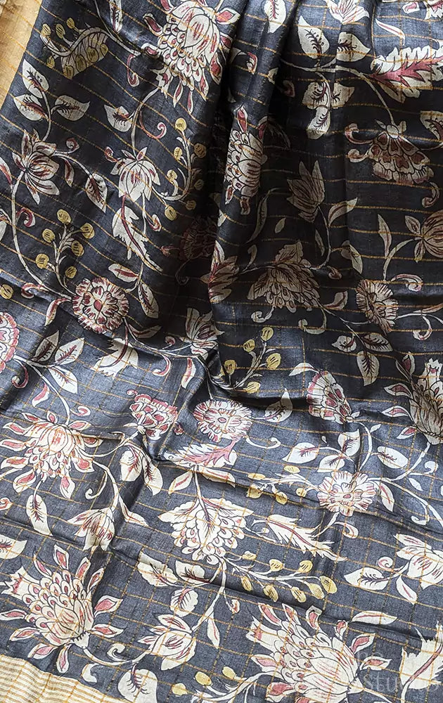 Black zari checked hand painted tussar silk saree in reverse style
