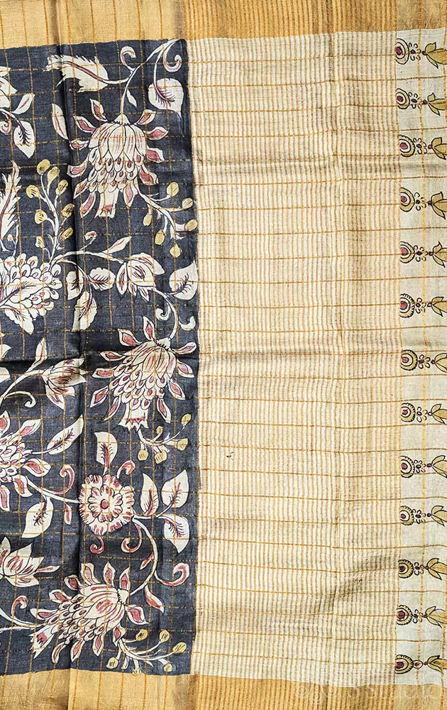 Black zari checked hand painted tussar silk saree in reverse style