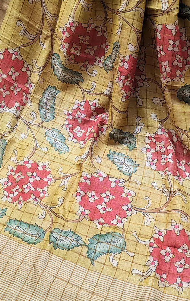 Yellow zari checked pen kalamkari tussar silk saree
