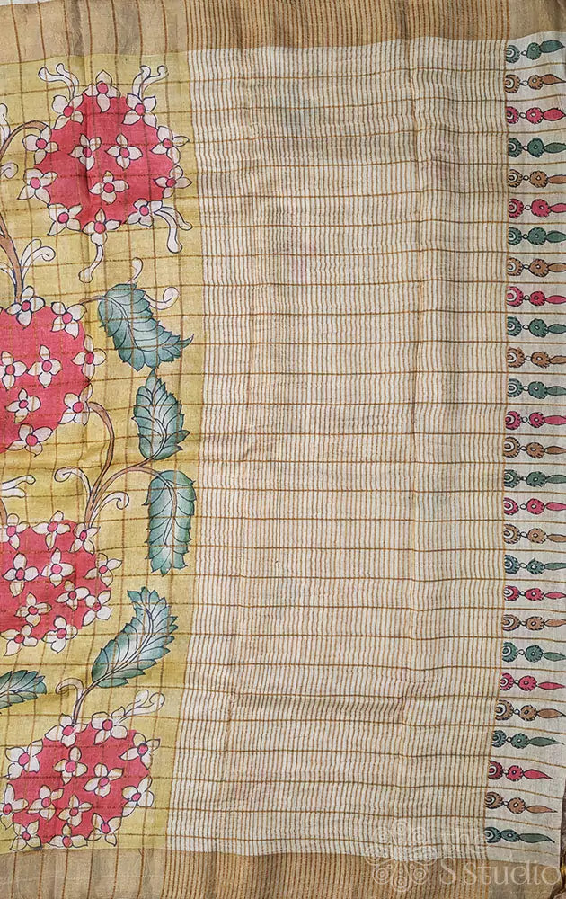 Yellow zari checked pen kalamkari tussar silk saree
