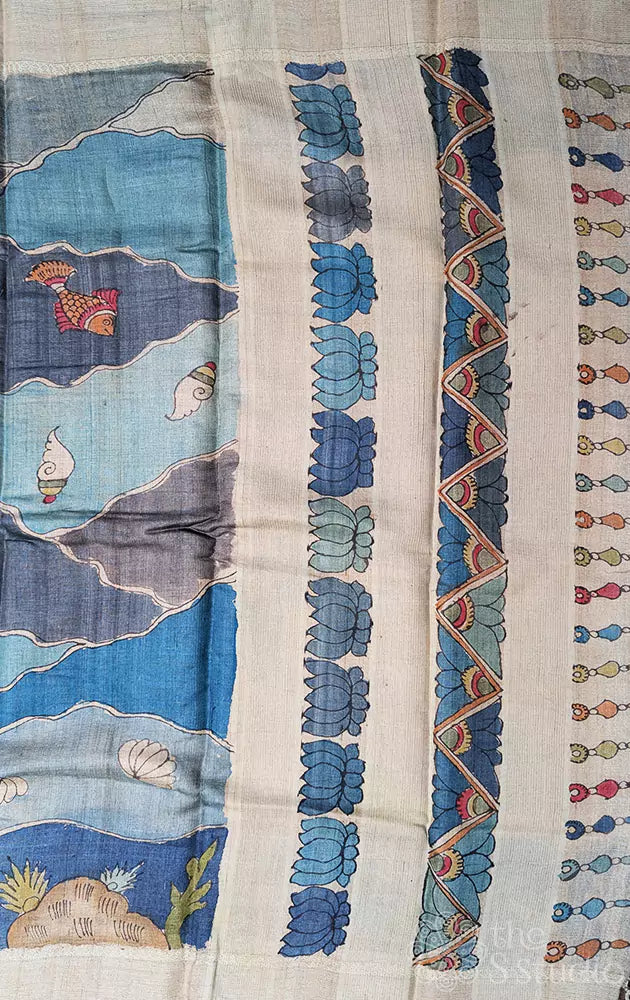 Blue ocean theme hand painted kalamkari tussar silk saree