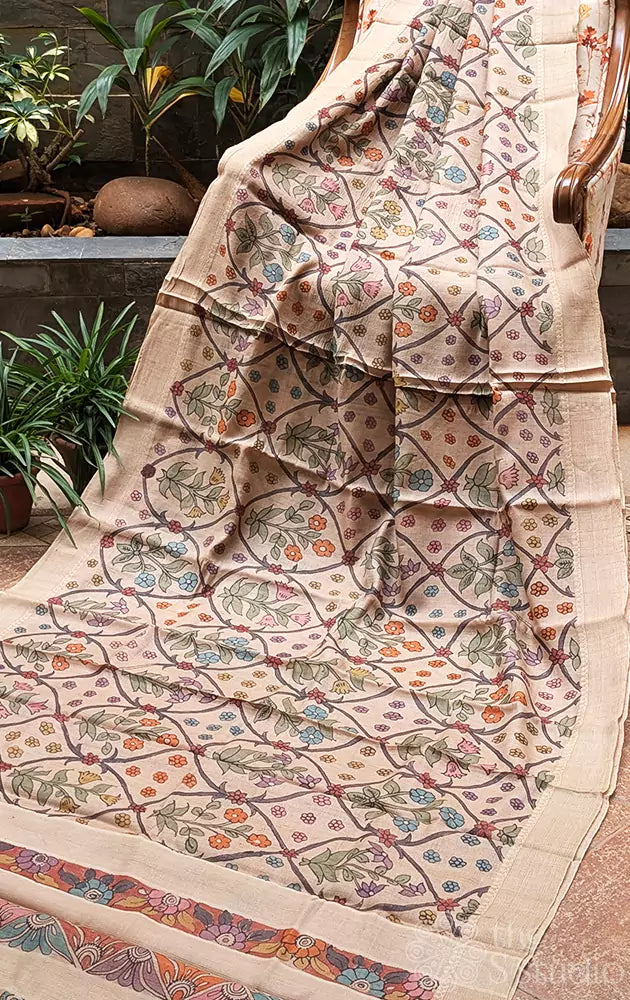 Beige pen kalamkari tussar silk saree with ghicha border