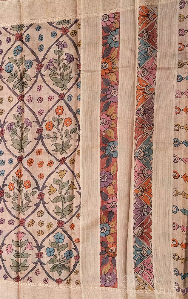 Beige pen kalamkari tussar silk saree with ghicha border