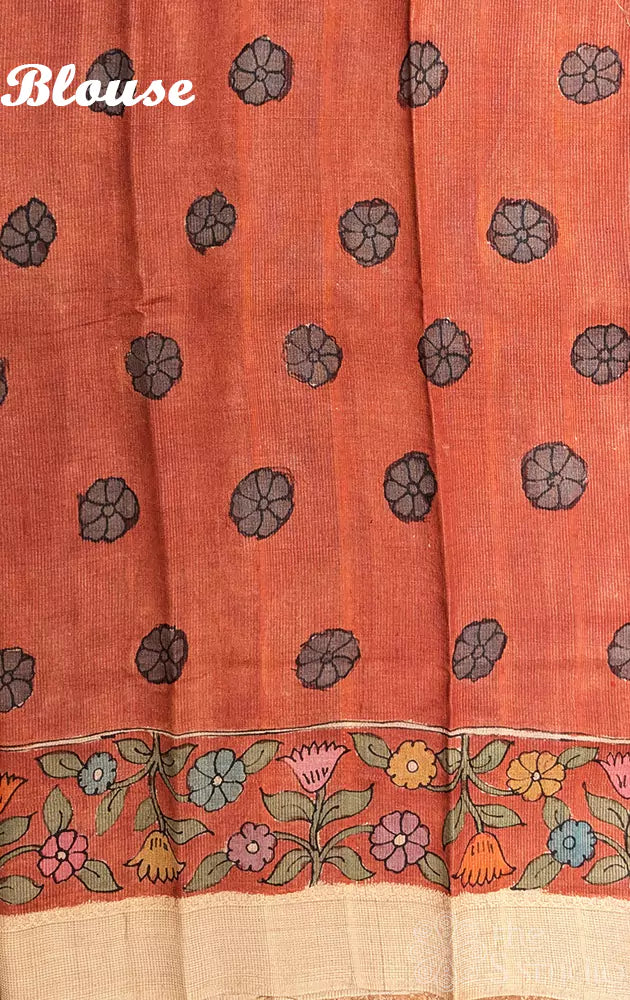 Beige pen kalamkari tussar silk saree with ghicha border