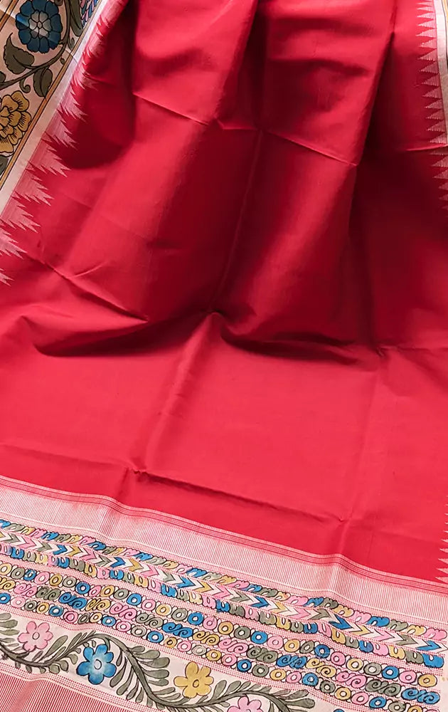 Red kanchi silk saree with hand painted kalamkari border