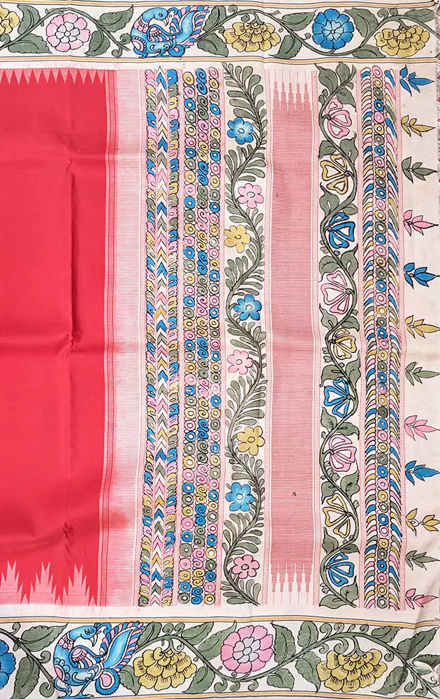 Red kanchi silk saree with hand painted kalamkari border