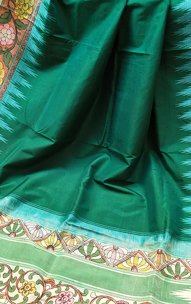 Green kanchi silk saree with hand painted kalamkari border