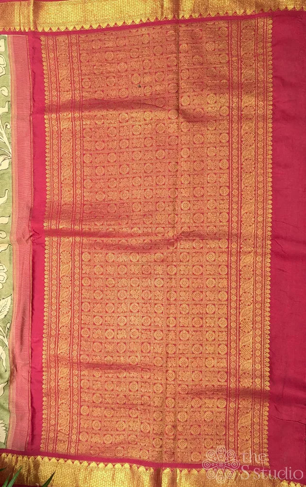 Olive green coloured kanchi hand painted kalamkari saree with korvai red border