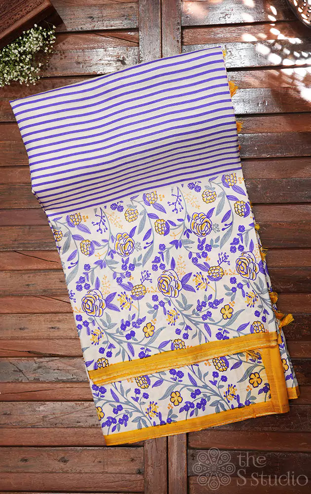 White kanjivaram silk saree with violet and yellow prints