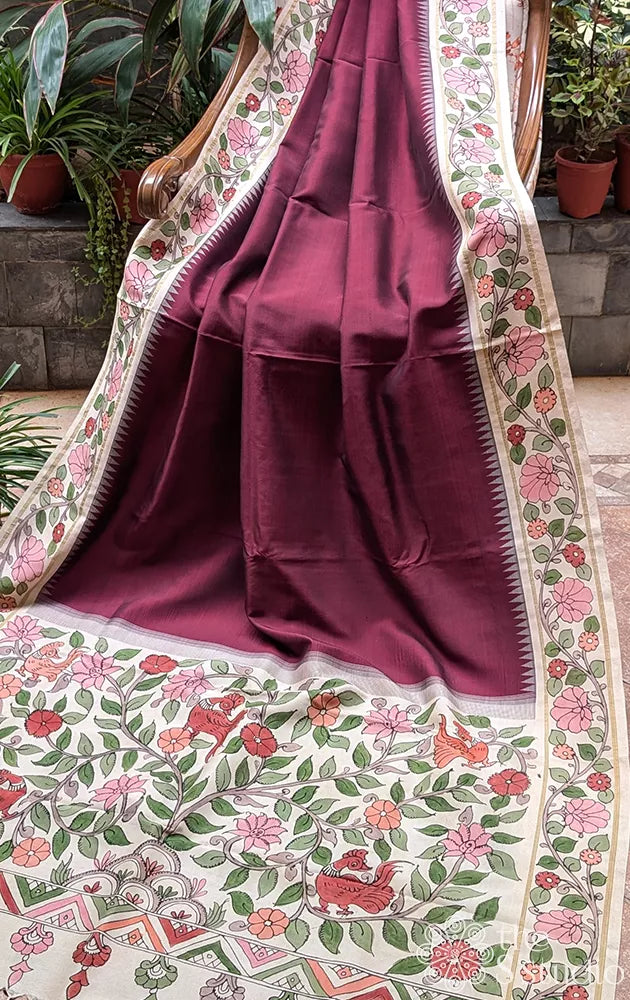 Hand painted kalamkari border Burgundy brown kanchi silk saree