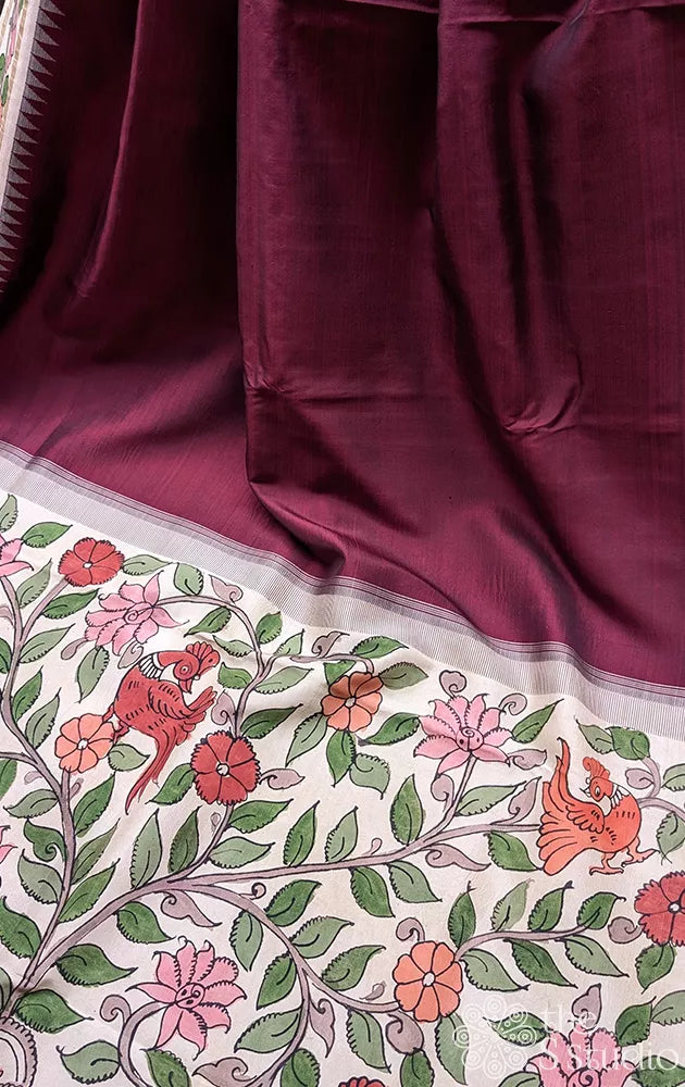 Hand painted kalamkari border Burgundy brown kanchi silk saree