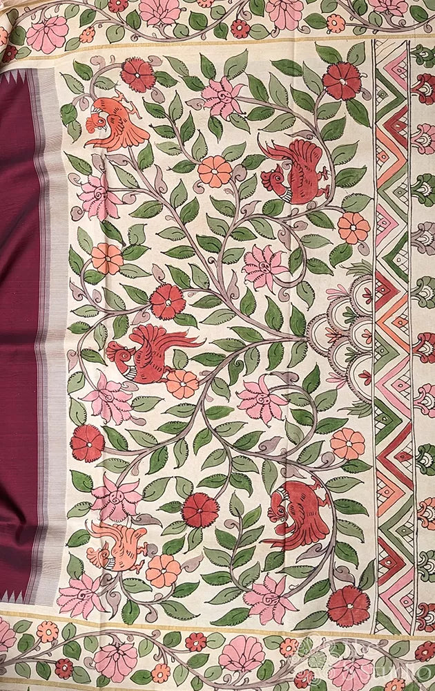 Hand painted kalamkari border Burgundy brown kanchi silk saree