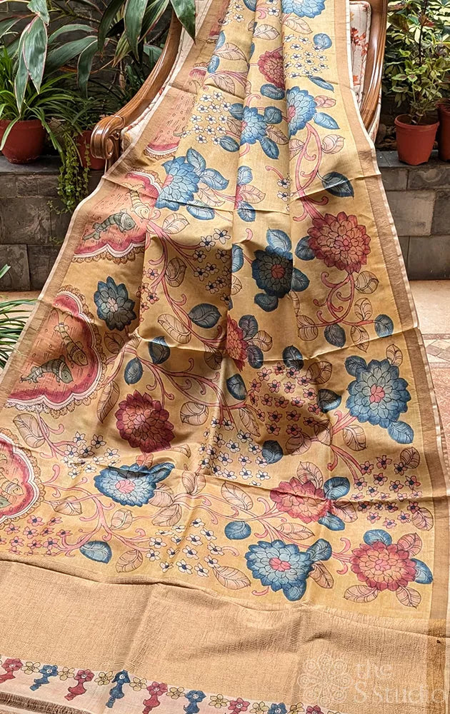 Hand painted kalamkari tussar silk saree in yellow