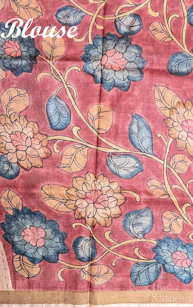 Hand painted kalamkari tussar silk saree in yellow