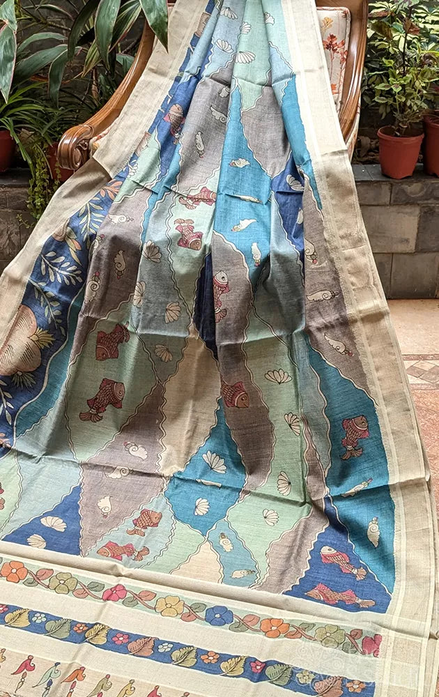 Blue ocean theme hand painted kalamkari tussar silk saree