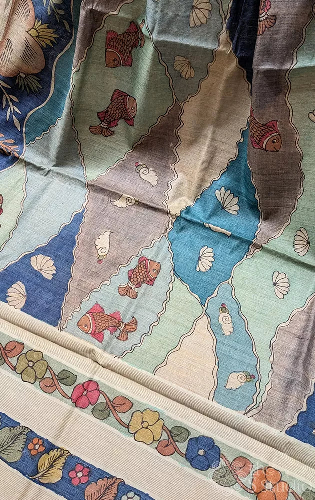 Blue ocean theme hand painted kalamkari tussar silk saree
