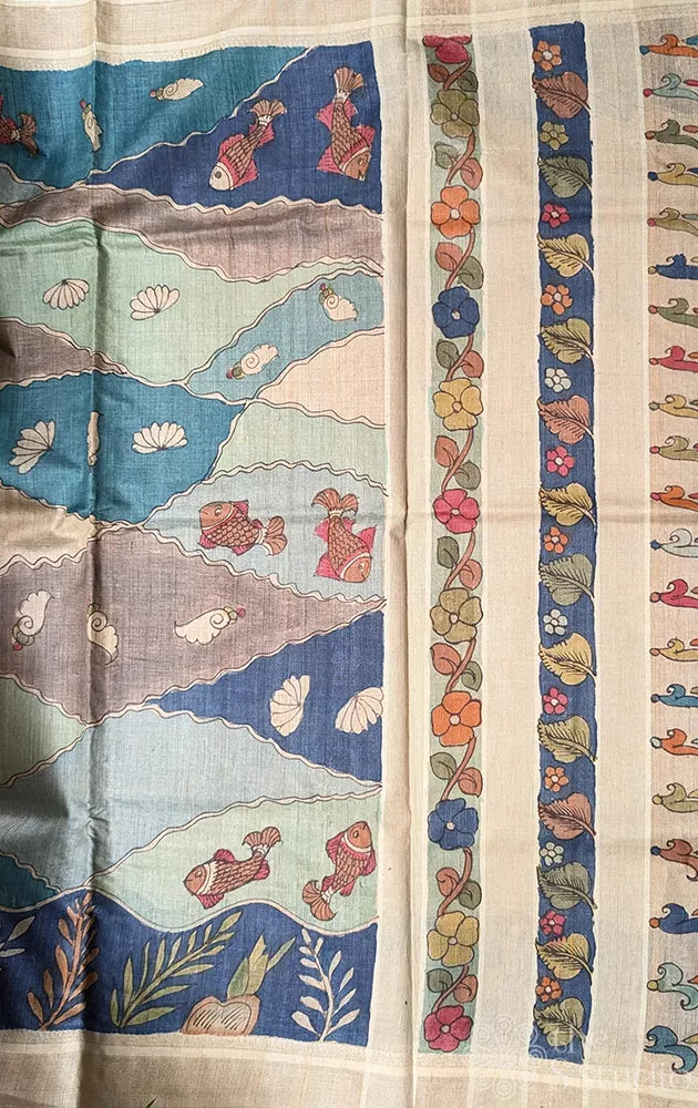 Blue ocean theme hand painted kalamkari tussar silk saree