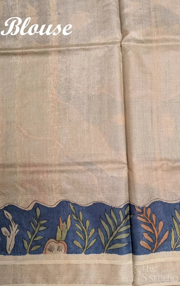 Blue ocean theme hand painted kalamkari tussar silk saree