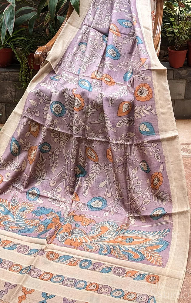 Lavendar kalamkari hand painted saree with floral designs