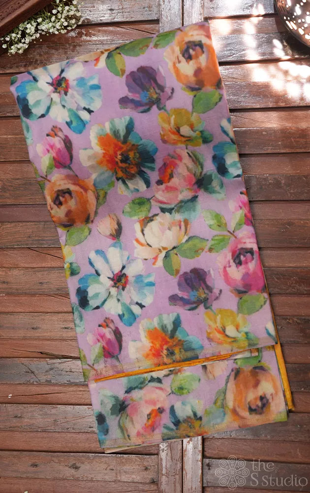 Lavendar printed kanchi silk saree with yellow jhumka woven pallu