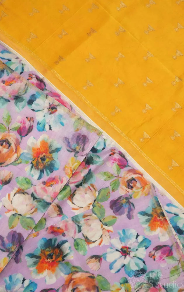 Lavendar printed kanchi silk saree with yellow jhumka woven pallu