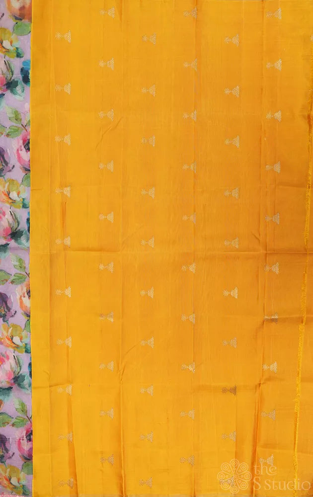 Lavendar printed kanchi silk saree with yellow jhumka woven pallu