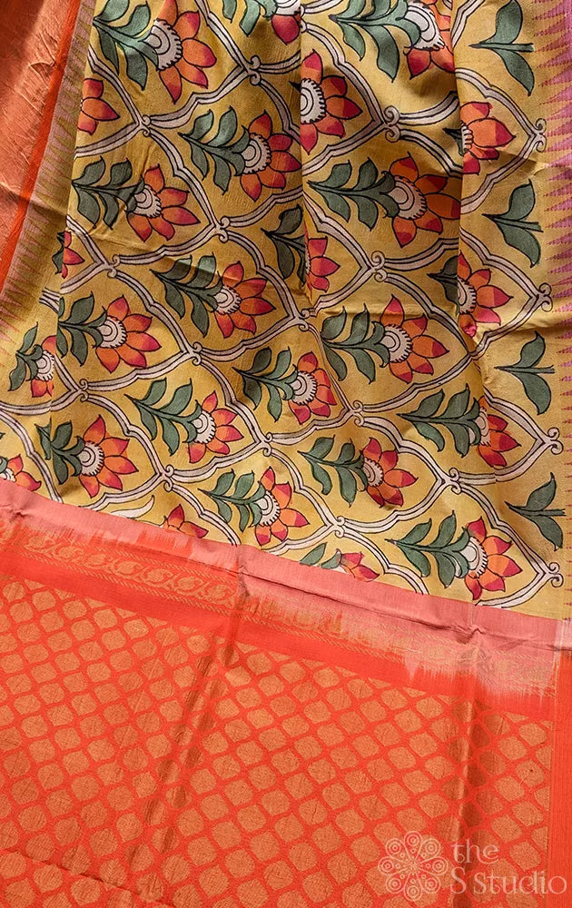Yellow hand painted kalamkari silk cotton saree with ganga jamuna border