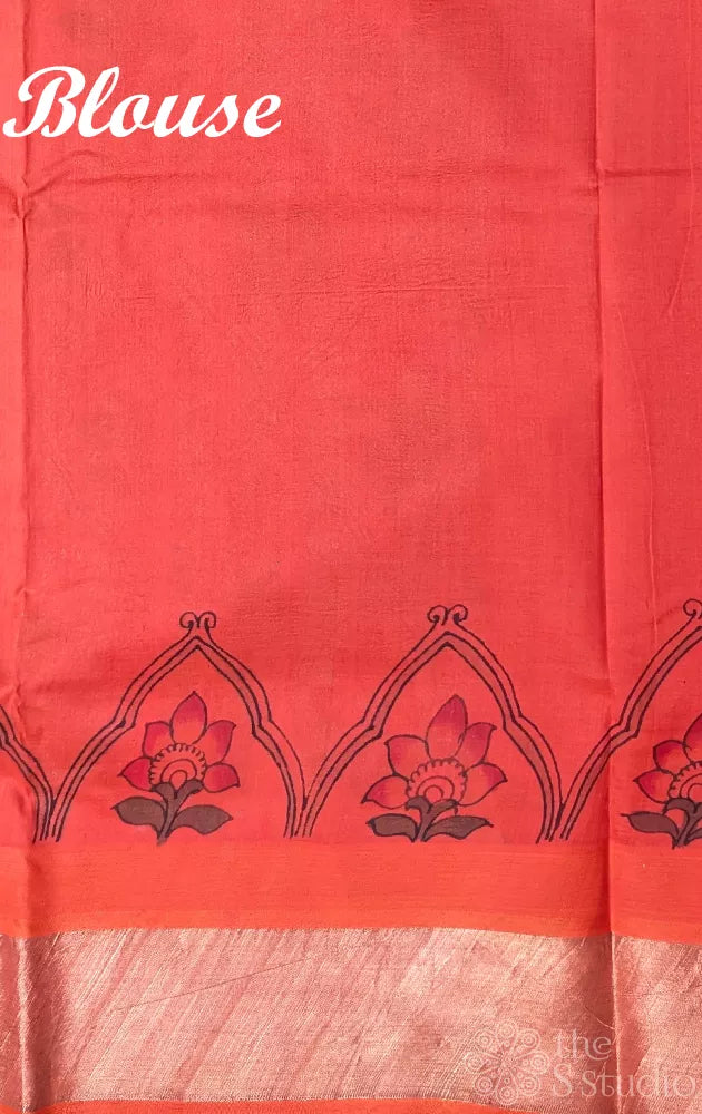 Yellow hand painted kalamkari silk cotton saree with ganga jamuna border