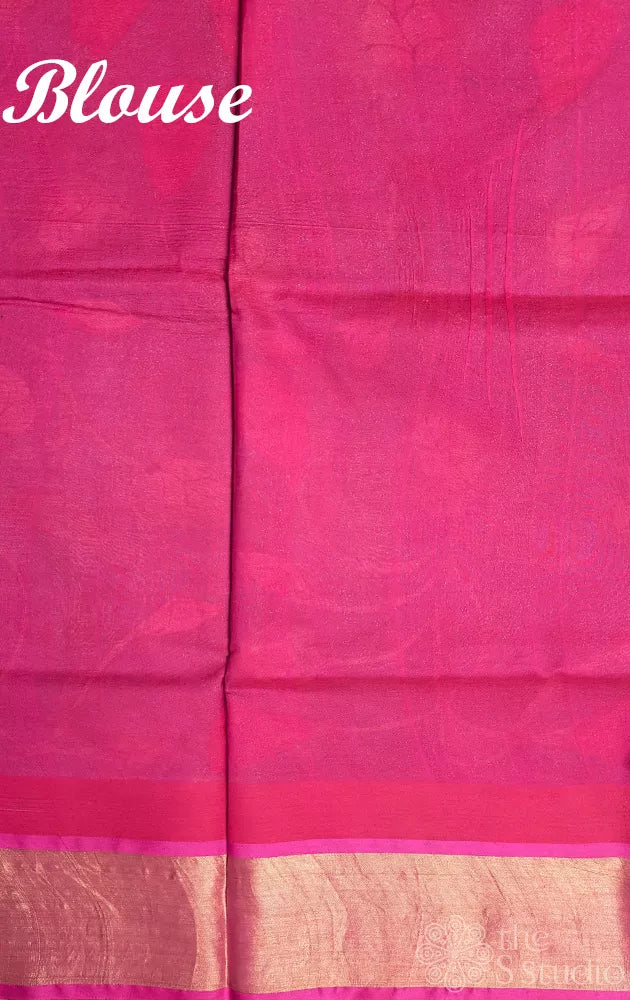 Blue hand painted kalamkari saree in silk cotton with ranipink border