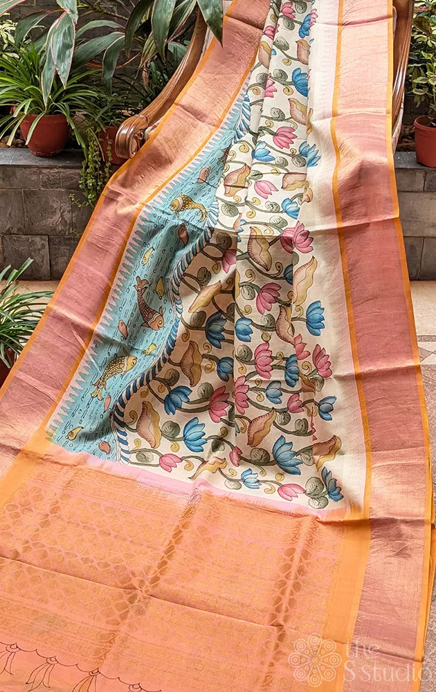 Off white pen kalamkari saree in silk cotton with peach border