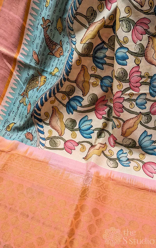 Off white pen kalamkari saree in silk cotton with peach border