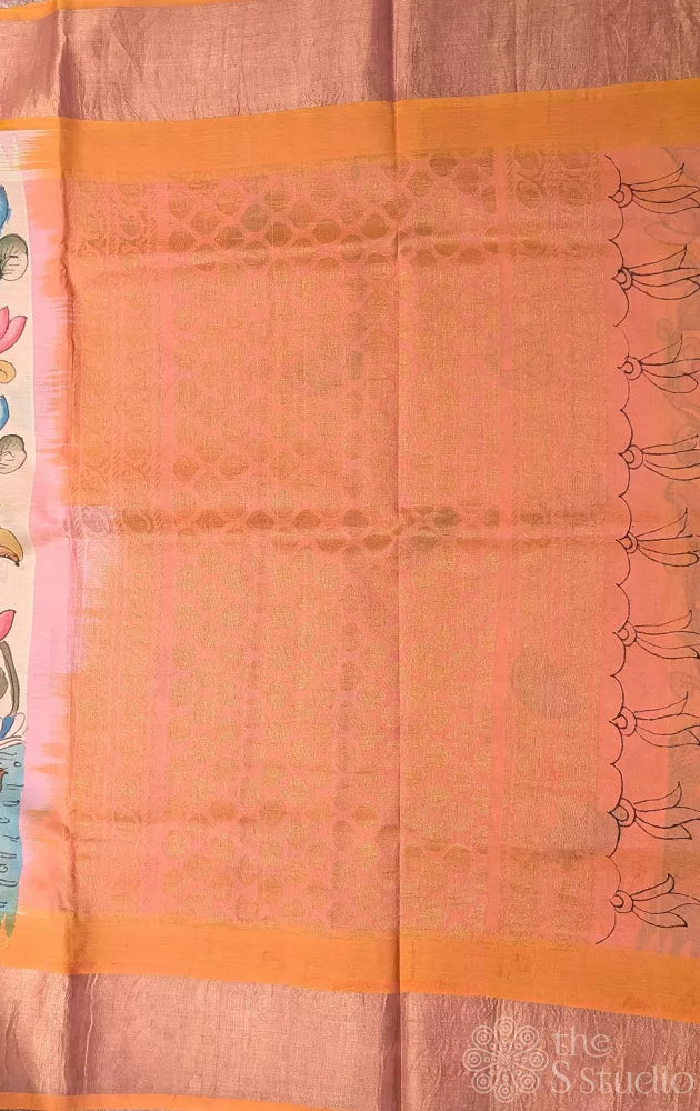 Off white pen kalamkari saree in silk cotton with peach border