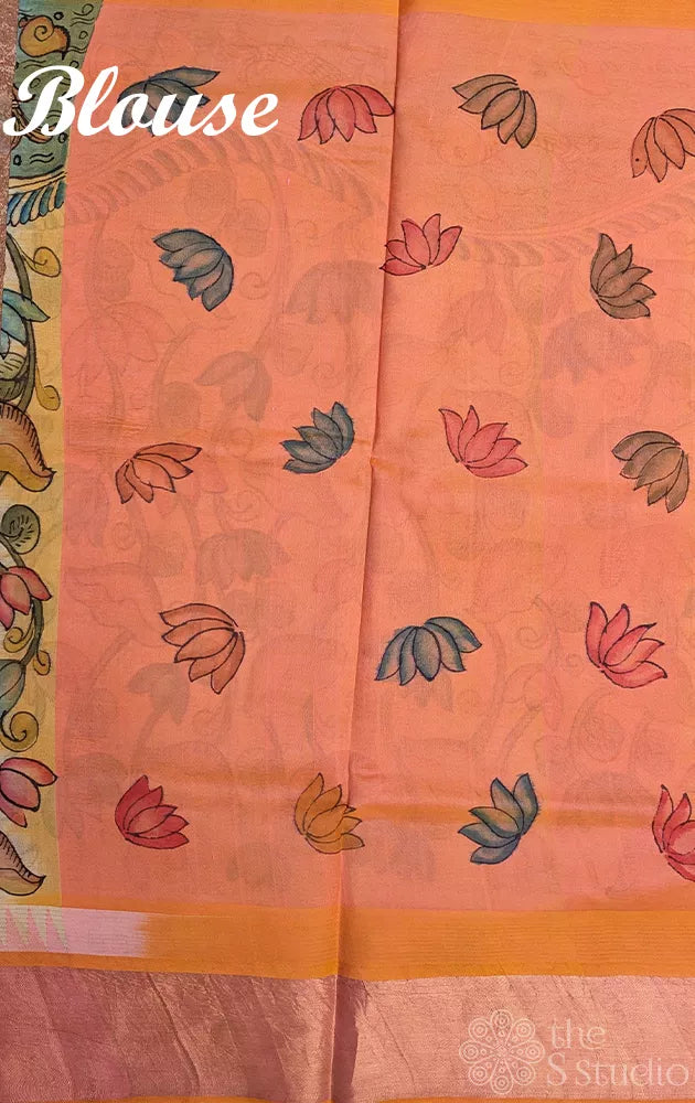 Off white pen kalamkari saree in silk cotton with peach border