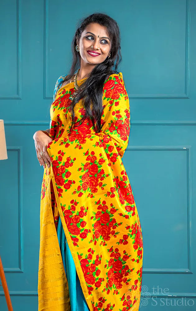 Yellow and sea green reversible digital printed kanchi silk saree