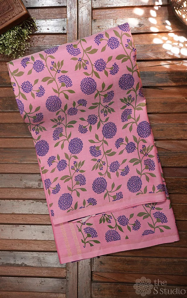 Light pink and violet reversible kanchipuram silk saree with prints